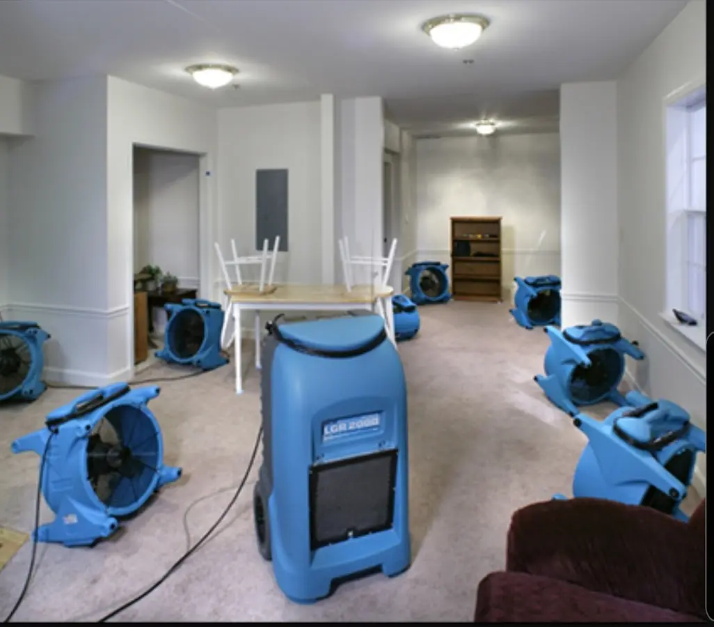 Air movers and dehumidifier setup for Water Damage Restoration in Indianapolis